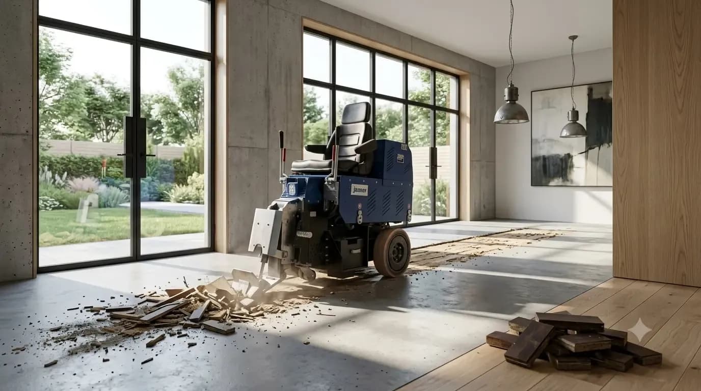 Zitbare machine die een strook houten vloer losbreekt in een lichte kamer met grote ramen